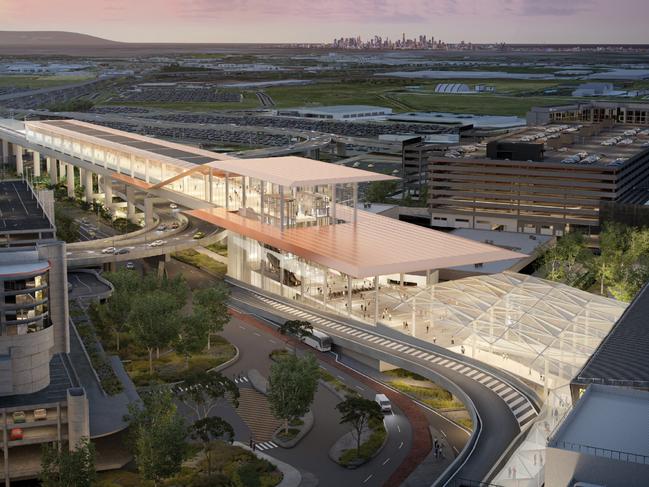 A render of the Melbourne airport station as part of the Melbourne airport rail link.