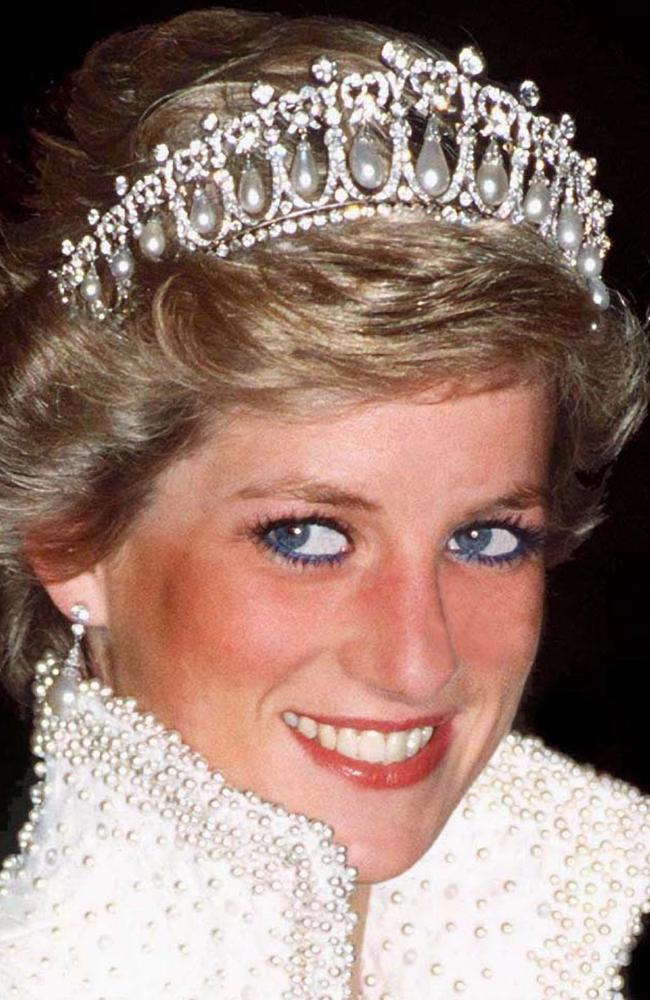 The late Diana Princess Of Wales wearing a pearl And diamond tiara, a wedding gift the Queen. Picture: Getty