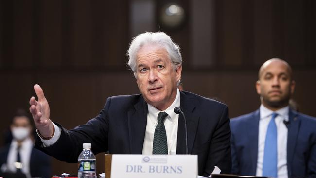 CIA director William Burns, pictured in centre at a Senate hearing in March, met in 2014 with Epstein in Washington and later visited Epstein’s townhouse in Manhattan. Picture: Getty