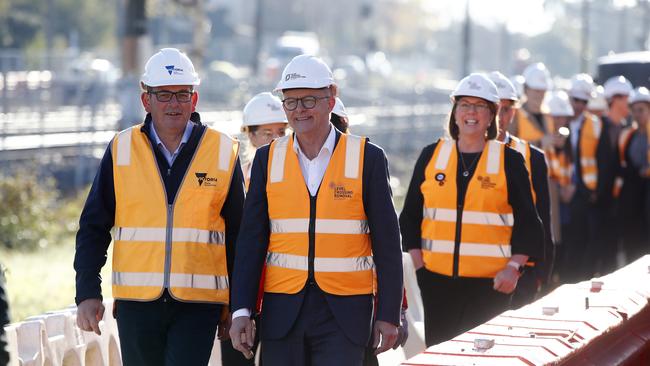 Anthony Albanese and Daniel Andrews visit the level crossing removal site. Picture: Sam Ruttyn