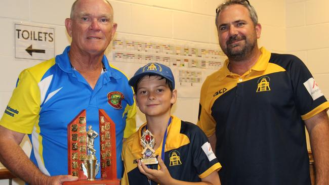 AMP Under 12 Best Contributor Award winner Jai Durie is congratulated by Bruce Jones (left) and Alastair Lewis (right). Picture: Supplied