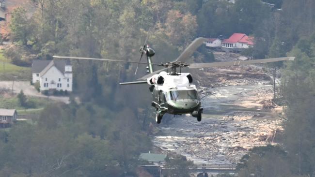 President Joe Biden’s helicopter flies over Asheville, North Carolina, on Wednesday. Picture: AFP