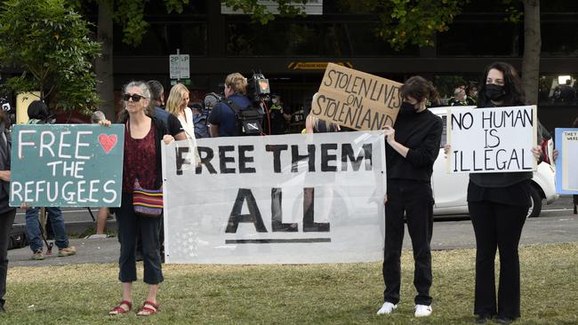 Protesters outside the Park Hotel in Melbourne’s Carlton. Picture: Andrew Henshaw