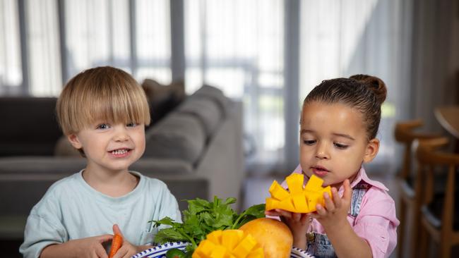 Joey Bowman, two, and Hugo Shannon, three, enjoy eating healthy foods. Picture: NCA NewsWIRE / Emma Brasier