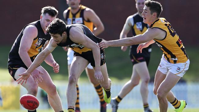 Tom Gribble leads the battle for a loose ball against Box Hill. Picture: Martin Keep/AFL Photos via Getty Images.