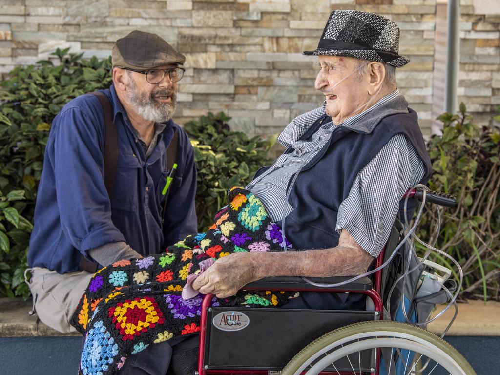 Toowoomba Care Services resident Reuben Coupe with his son-in-law Cole Maybin. Picture: Nev Madsen.