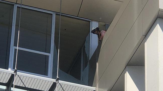 Southport Courthouse was closed on Monday morning after a window was smashed on the top floor above the entrance.