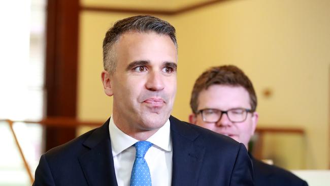 Tongue-tied: Premier Peter Malinauskas with Health Minister Chris Picton at a press conference. Picture: NCA NewsWire / Kelly Barnes