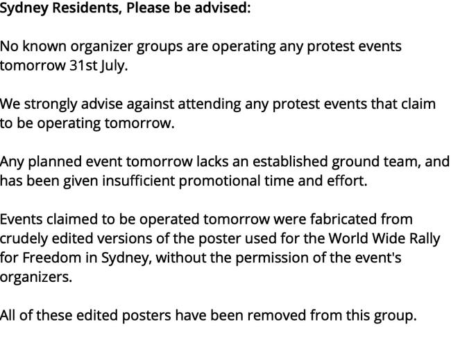 Telegram messages sent from anti-lockdown protest organisers warning against any action on Saturday, July 31.