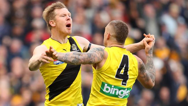 Both Jack Riewoldt and Dustin Martin let their emotions get the better of them after the Tigers’ historic win. Picture: Getty Images