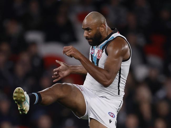 Esava Ratugolea drills a goal against Carlton. Picture: Darrian Traynor/Getty Images