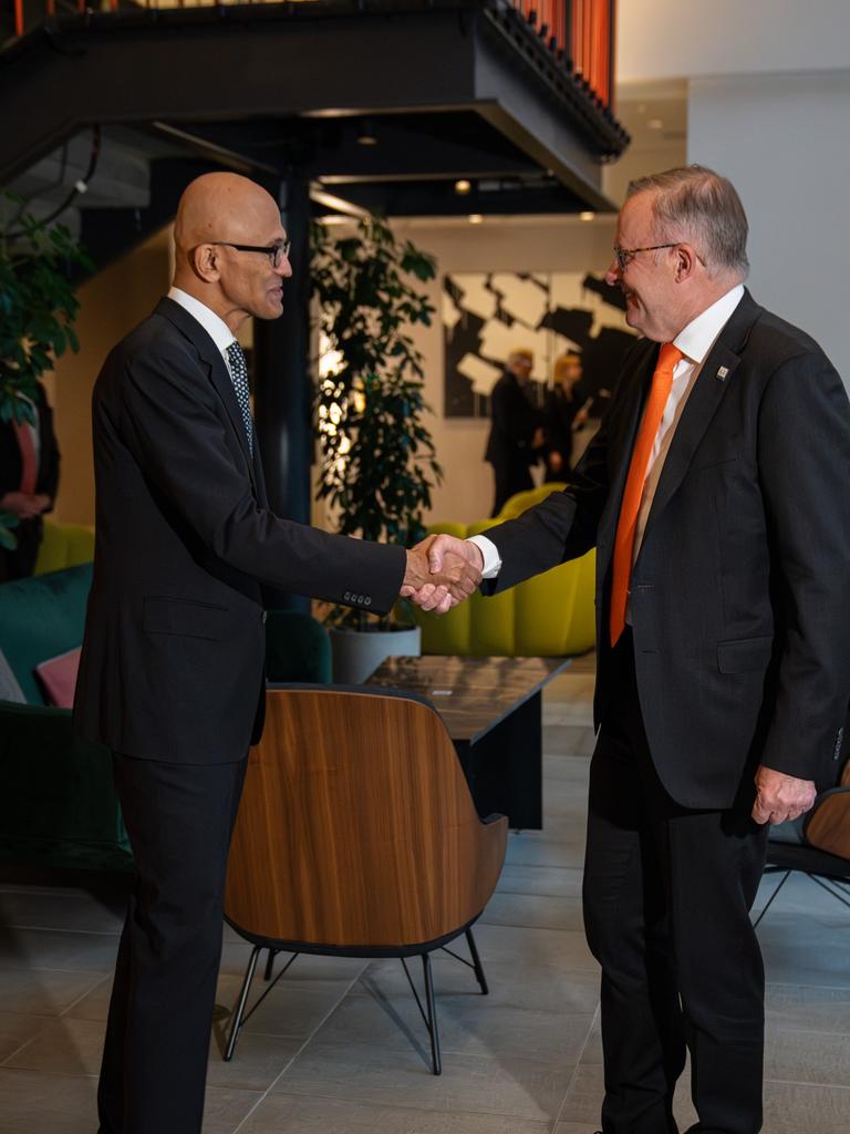 Anthony Albanese meets Microsoft CEO Satya Nadella in San Francisco ahead of the APEC Economic Leaders Meeting in 2023.