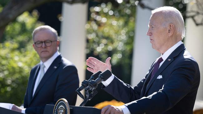 US President Joe Biden (R) speaks during a joint press conference with Australia's Prime Minister Anthony Albanese at the Rose Garden of the White House.