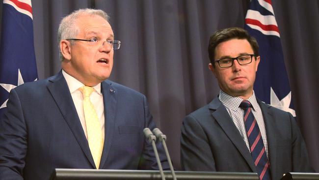 Scott Morrison and Emergency Management Minister David Littleproud in Canberra on Friday. Picture: AP