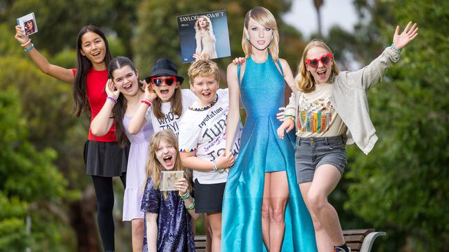 Eliana, 12, Ashlee, 12, Polly, 11, Elsa, 11, Harriet, 10 and Charlotte, 12 are Swift fans who don't have tickets but are planning to travel to the MCG to listen to her sing on the outside of the stadium. Picture: Jason Edwards