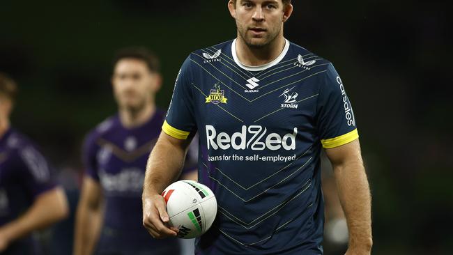 MELBOURNE, AUSTRALIA - SEPTEMBER 15:  Christian Welch of the Storm warms up before the NRL Semi Final match between Melbourne Storm and the Sydney Roosters at AAMI Park on September 15, 2023 in Melbourne, Australia. (Photo by Daniel Pockett/Getty Images)