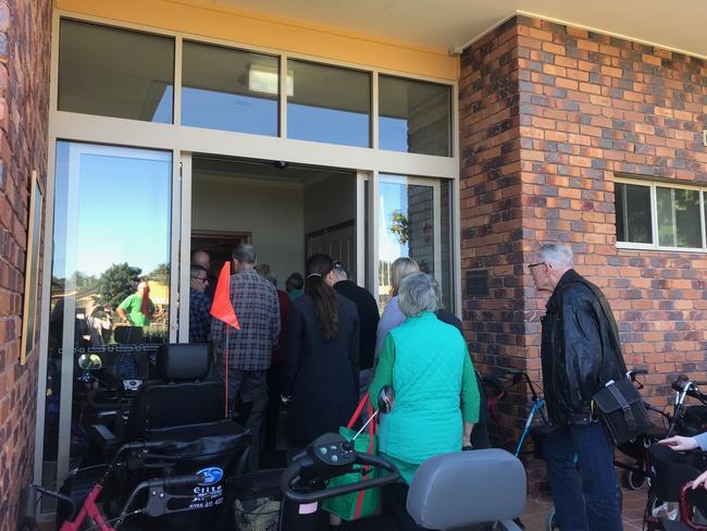 Residents and family from Earle Haven retirement village pack into the auditorium for a meeting about abrupt closure of the nursing home wing, which.