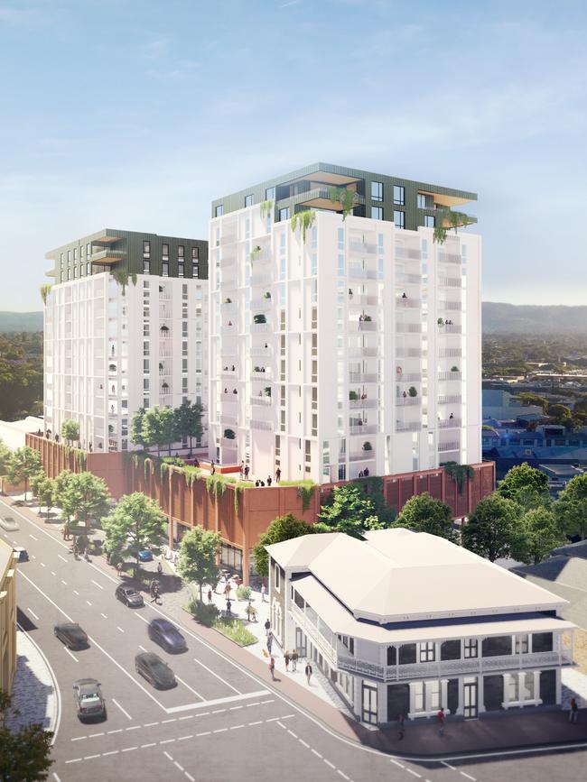 Flagship Group’s apartment Flagship Group has released plans for a $105m, 192 apartment development next to a refurbished Royal Hotel, Kent Town. Picture: City Collective