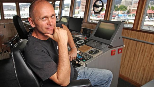 Captain Alex Cornelissen on the bridge of the anti-whaling vessel Bob Barker on a past visit to Hobart, which has been a staging post in several of Sea Shepherd’s Southern Ocean campaigns.