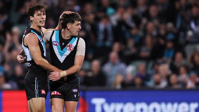 Port Adelaide stars Connor Rozee and Zak Butters celebrate on Thursday night. Picture: James Elsby/AFL Photos