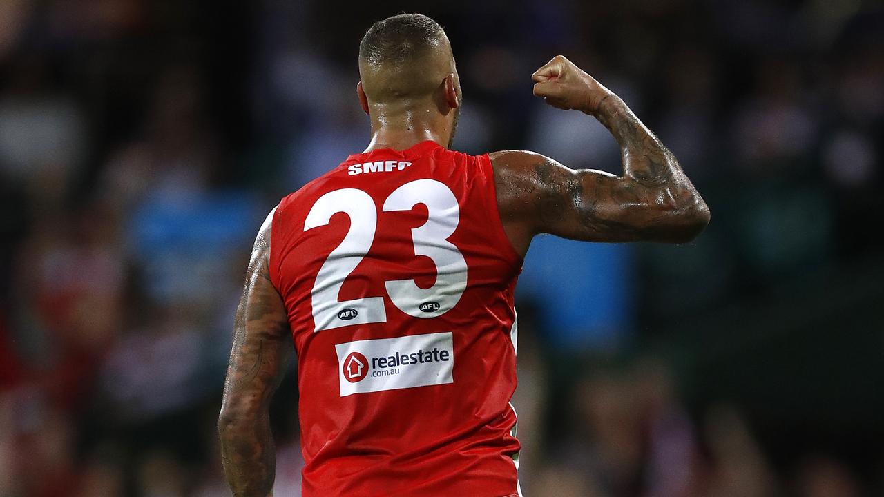SYDNEY, AUSTRALIA - APRIL 08: Lance Franklin of the Swans celebrates a goal during the round four AFL match between the Sydney Swans and the Essendon Bombers at Sydney Cricket Ground on April 08, 2021 in Sydney, Australia. (Photo by Ryan Pierse/AFL Photos/via Getty Images)