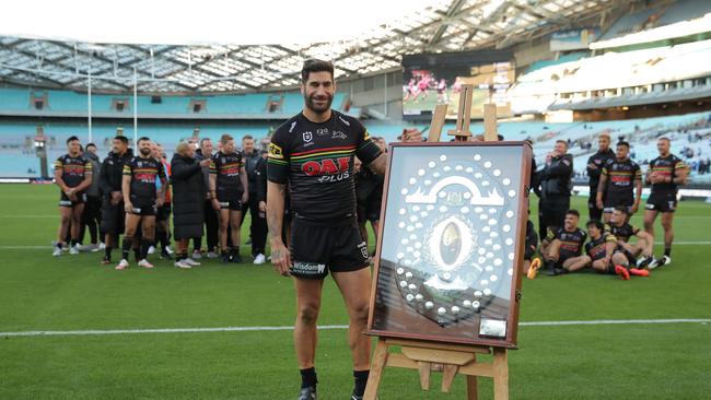 SYDNEY, AUSTRALIA – SEPTEMBER 26: James Tamou of the Panthers is presented with the JJ Giltinan Shield after winning the minor premiership during the round 20 NRL match between the Canterbury Bulldogs and the Penrith Panthers at ANZ Stadium on September 26, 2020 in Sydney, Australia. (Photo by Matt King/Getty Images)