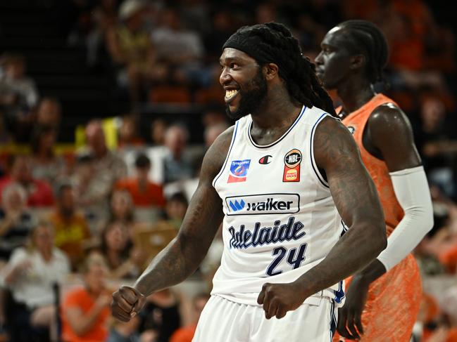 Montrezl Harrell of the 36ers reacts during the round two NBL match between Cairns Taipans and Adelaide 36ers at Cairns Convention Centre, on September 28, 2024, in Cairns, Australia. (Photo by Emily Barker/Getty Images)