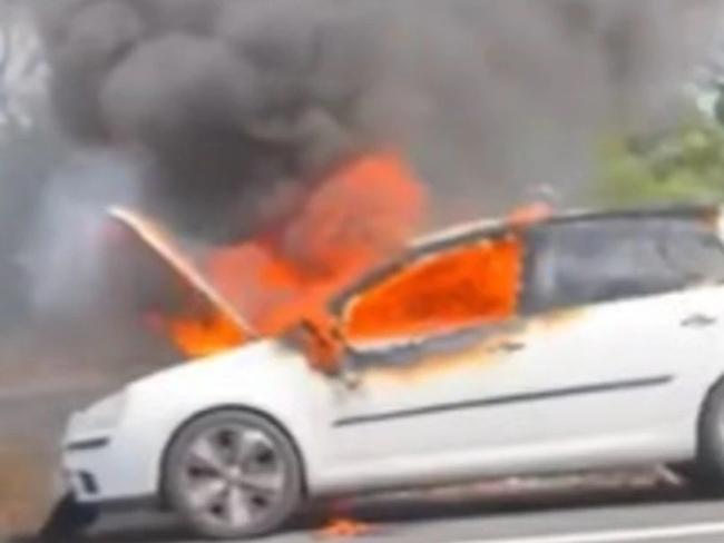 Traffic has been reduced to a standstill in the southbound lanes of the Bruce Highway at Burpengary following a car fire. Picture: Antoinette Price