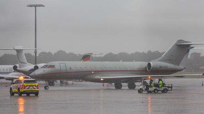 Taylor Swift’s private jet arrived at Sydney airport today in the middle of a heavy storm. Picture: NCA NewsWire / David Swift