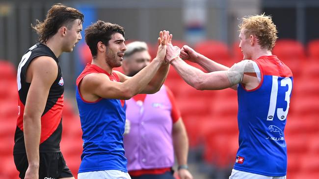 Christian Petracca after slotting a goal from long range. Picture: Quinn Rooney/Getty Images