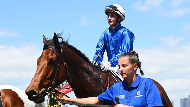 Jamie Kah after winning Race 4 on Spacewalk at Derby Day on November 04, 2023. (Photo by Vince Caligiuri/Getty Images)