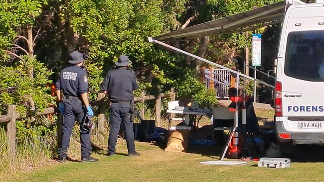 Forensic police at the Coffs Harbour scene where Wendy Hansen’s remains were found in June. Picture: Toni Moon.