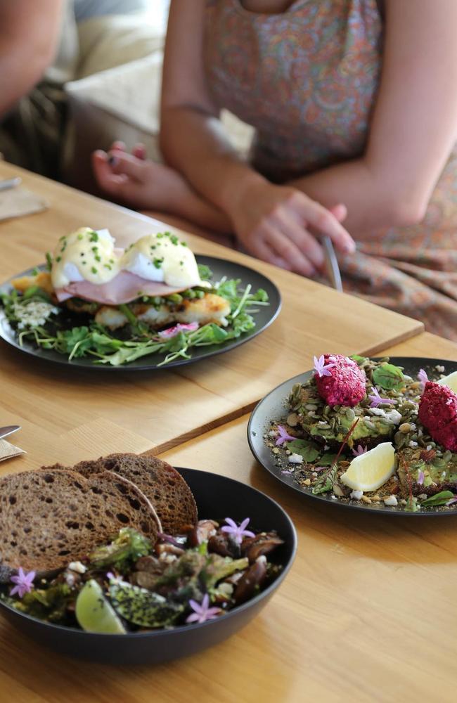 Eggs Benedict on a waffle, avo on toast and 'The Fun Guy'. Picture: Supplied