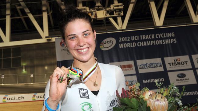 Melissa Hoskins celebrating her silver medal in the Women's Scratch Race at the UCI Track Cycling World Championship in 2012. Picture: AAP Image/Joe Castro