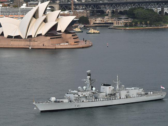 A British frigate in Sydney Harbour. Picture: AAP