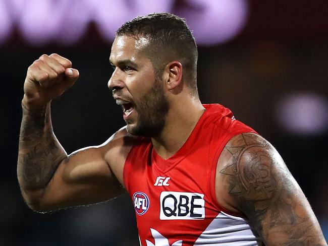 SYDNEY, AUSTRALIA - JUNE 09: Lance Franklin of the Swans celebrates kicking a goal during the round 12 AFL match between the Sydney Swans and the West Coast Eagles at Sydney Cricket Ground on June 09, 2019 in Sydney, Australia. (Photo by Mark Kolbe/Getty Images)