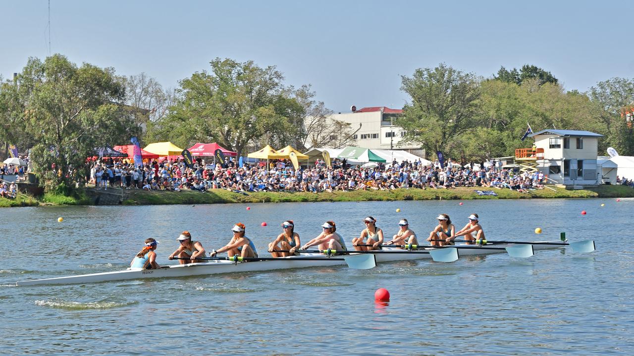 Geelong Grammar on their way to winning the Female School Eight Open Division 2 at the Head of the Schoolgirls' Regatta 2019 on the Barwon River in Geelong. Picture: Stephen Harman