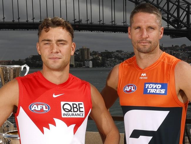 SYDNEY, AUSTRALIA - MARCH 03:  Will Hayward of the Swans and Mitch Lewis of the Hawks pose for a photo during the 2025 AFL Opening Round Launch at Sydney Opera House on March 03, 2025 in Sydney, Australia. (Photo by Darrian Traynor/AFL Photos/via Getty Images)