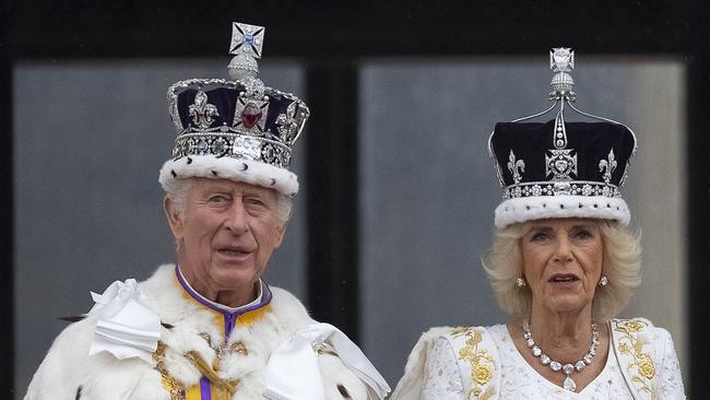 King Charles III and Queen Camilla are seen on the Buckingham Palace balcony during the flypast on coronation day last year. Picture: Christopher Furlong/Getty Images