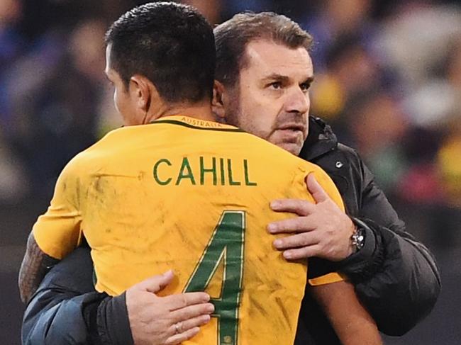 MELBOURNE, AUSTRALIA - JUNE 13:  Tim Cahill of the Socceroos is hugged by Socceroos head coach Ange Postecoglou after coming off during the Brasil Global Tour match between Australian Socceroos and Brazil at Melbourne Cricket Ground on June 13, 2017 in Melbourne, Australia.  (Photo by Michael Dodge/Getty Images for ICC)