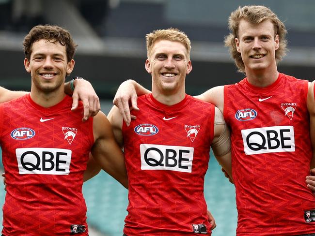 EMBARGOED UNTIL 6.30PM TONIGHT THUR 26.9.24 - Swans defenders Tom McCartin, Oliver Florent, Matt Roberts, Nick Blakey, Lewis Melican, Harry Cunningham and Dane Rampe after the Swans main training session at the SCG on September 25, 2024 ahead of the AFL Grand Final this week against the Brisbane Lions at the MCG. Photo by Phil Hillyard(Image Supplied for Editorial Use only - **NO ON SALES** - Â©Phil Hillyard )