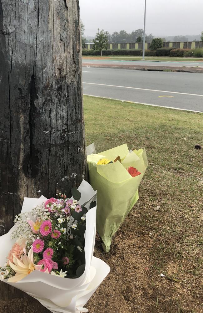 Flowers left at the site of a tragic car crash which lead to the death of Genesis Christian College student Alyssa Postle. Picture: Facebook.