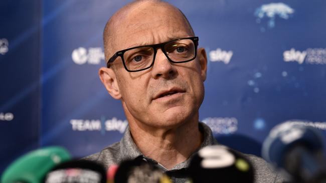 Great Britain Team Sky team principal, Sir Dave Brailsford addresses the media during a press conference on July 23 2018 in Carcassonne, on the second rest day of the 105th edition of the Tour de France cycling race.  / AFP PHOTO / Marco BERTORELLO