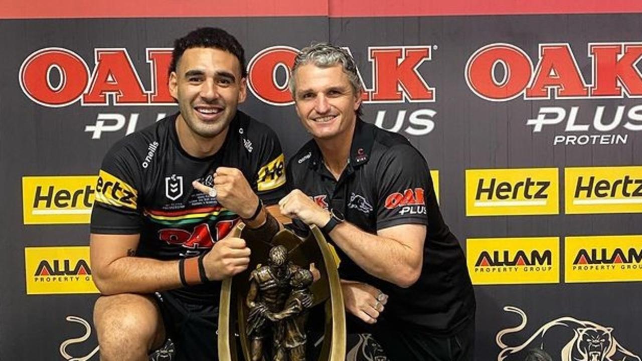 Tyrone May and Panthers coach Ivan Cleary after Penrith’s grand final win.