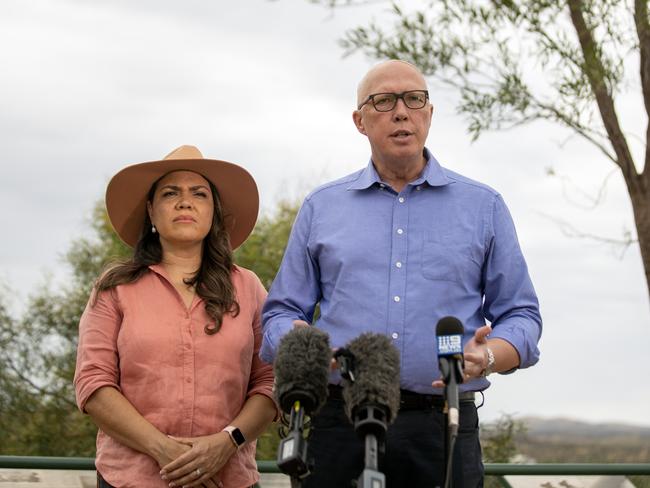 13-04-2023 - Opposition Leader Peter Dutton and Senator Jacinta Price hold a press conference on ANZAC Hill in Alice Springs on Thursday. Picture: Liam Mendes / The Australian