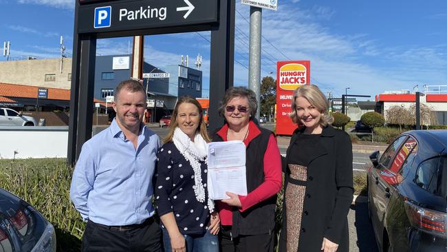 Holdfast Bay Mayor Amanda Wilson, councillors Clare Lindop and Annette Bradshaw and Brighton Foodland owner Tim Rugless want traffic lights at the corner of Brighton Rd and Edwards St, South Brighton.