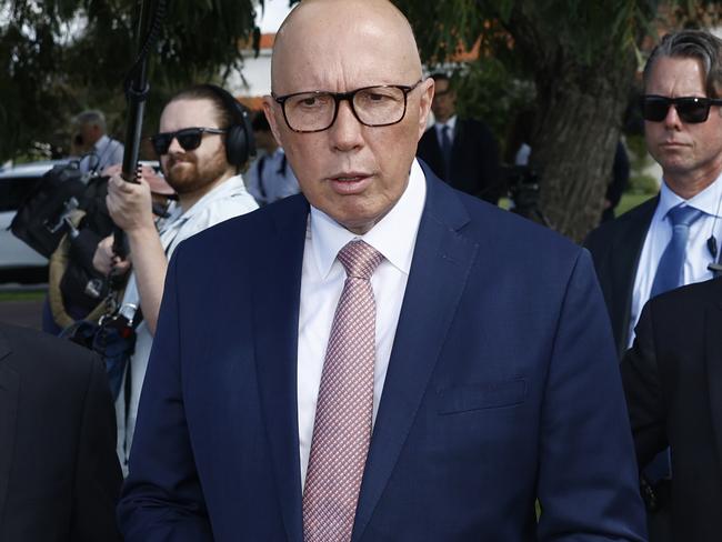 NCA 2025 FEDERAL ELECTION LIBERAL BUS. 23/04/2025Pictured is Leader of the Opposition Peter Dutton as he visits the Tangney electorate in Perth WA to announce funding for road improvements. He was joined by Liberal candidate Howard ong and Swan candidate Mic Fels.Suburb of riverton Picture: Richard Dobson / NewsWire