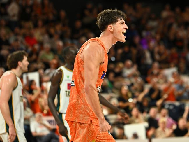 CAIRNS, AUSTRALIA - OCTOBER 04: Taran Armstrong of the Taipans reacts during the round three NBL match between Cairns Taipans and Tasmania Jackjumpers at Cairns Convention Centre, on October 04, 2024, in Cairns, Australia. (Photo by Emily Barker/Getty Images)