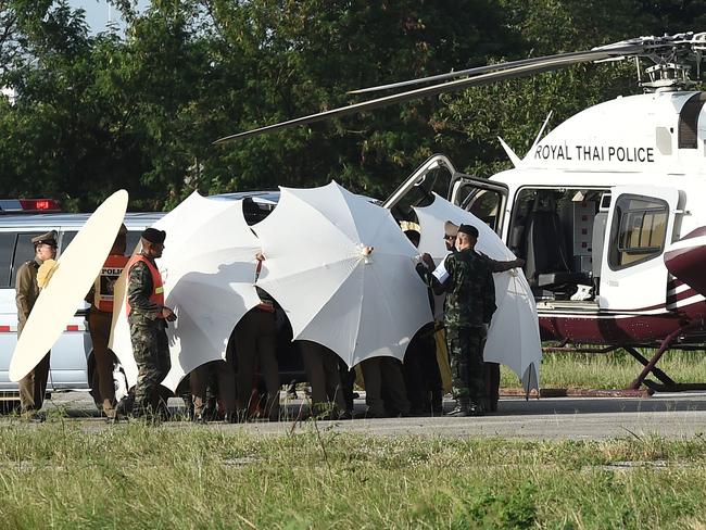 The rescued boys were airlifted to Chiang Rai, before being transported to hospital by ambulance. Picture: AFP