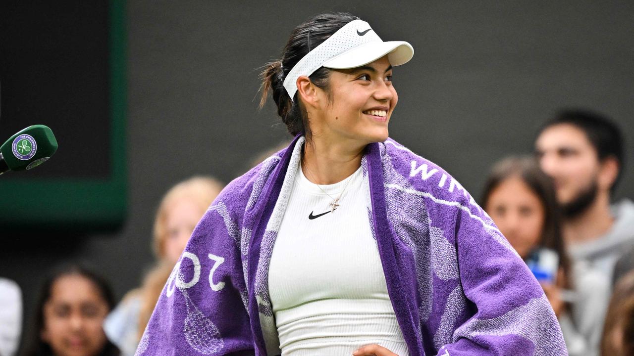 Britain's Emma Raducanu reacts during an interview after winning her women's singles second round tennis match. (Photo by ANDREJ ISAKOVIC / AFP)